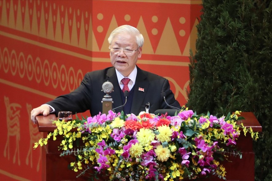 Tổng Bí thư, Chủ tịch Nước Nguyễn Phú Trọng đọc diễn văn bế mạc Đại hội đại biểu toàn quốc lần thứ XIII của Đảng.